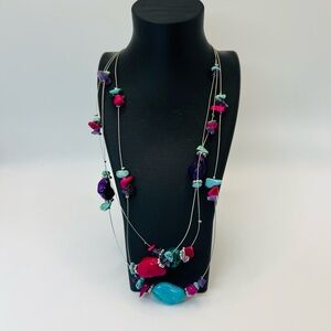Long Boho Multi Strand Stone Necklace Turquoise Magenta Purple